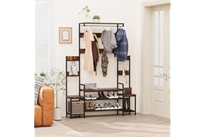 Shintenchi Parent-Child Hall Tree with Bench & Shoe Storage and Free Standing Coat Rack, Entryway Rack with Metal Frame and Hooks, 5-in-1 Hall Tree for Entrance, Foyer, Mudroom (Rustic Brown)