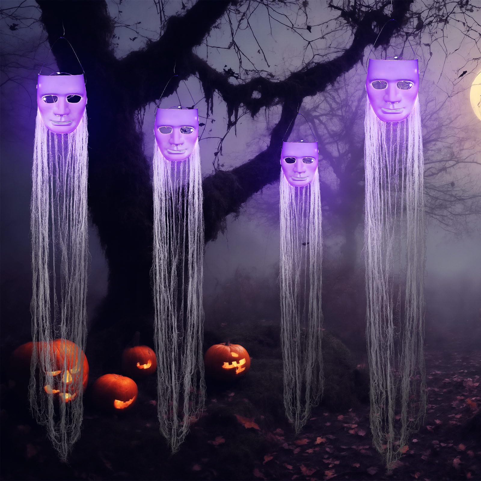 Photo 1 of **** photos stock for reference ***** VitalCozy 4 Pcs Halloween Decorations Outdoor Hanging Ghost White Masks with Purple LED Lights Swinging Floating Glowing Ghost Light up Halloween Outdoor Tree Lawn Yard Garden Porch Decorations
