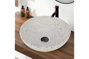 YIMAI INGENUITY YIMAI Terrazzo Vessel Sink with Faucet and Drain, 15.7" Round Concrete Bathroom Sink Above Counter, Modern Artisanal Wash Basin Bowl with Matte Finish, Easy Install Combo Set for Vanity