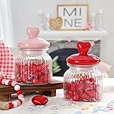 FunouHome Valentines Day Decorations -2 PCS Glass Jars with Ceramic Heart Lid-Valentines Glass Storage for Chocolate Candy Sweets Gift Table Party Centerpieces Decor
