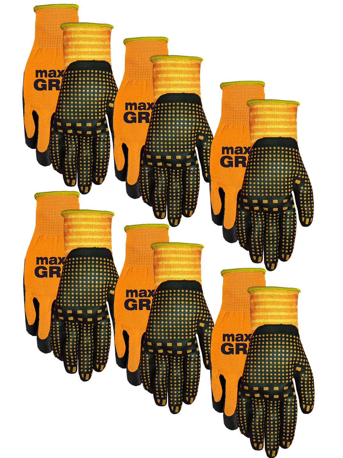 Midwest Gloves & Gear 94P06-LX-AZ-6 Grip 6 Pack Men's Max Performance Glove, Orange- Fits Large-XL