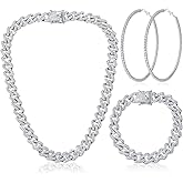 Batiyeer 3 Pcs Cuban Link Chain Necklace Bracelet Rhinestone Hoop Earrings Bling Crystal Hip Hop Jewelry for Women(18 Inch,Silver)