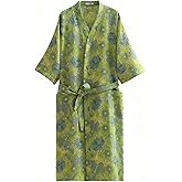 ENGLUCK Women Cotton Double Gauze Jacquard Kimono Robe Bathrobe with Belt Pocket Comfortable Loungewear Yukata Sleepwear