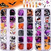 EBANKU Halloween Nail Glitter 3 Boxes Halloween Confetti Pumpkin Ghost | Halloween Nail Decor Nail Sequins, 3D Holographic, Skull Spider Witch Bat Pumpkin Glitter, for DIY Nail Art Halloween Party