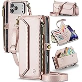 Strapurs Wallet Case Compatible with iPhone 17 Pro 6.3" RFID Blocking 9-Card Holder Soft PU Leather Magnetic Snap Shoulder Strap Zipper Pocket Phone Case Fit for iPhone 17 Pro for Women - Rose Gold