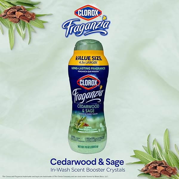 CLOROX FRAGANZIA LAUNDRY SCENT BOOSTER CRYSTALS, IN-WASH FRAGRANCE BEADS FOR FRESH-SMELLING CLOTHES & LINENS, SAFE FOR ALL FABRICS & COLORS, EASY-POUR BOTTLE, CEDARWOOD & SAGE, 70 OZ