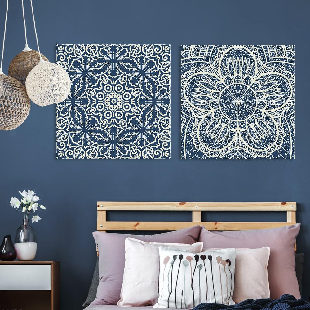 wall26 2 Panel Square Canvas Wall Art - Blue Floral Patterns - Giclee Print Gallery Wrap Modern Home Art Ready to Hang - 16"x16" x 2 Panels