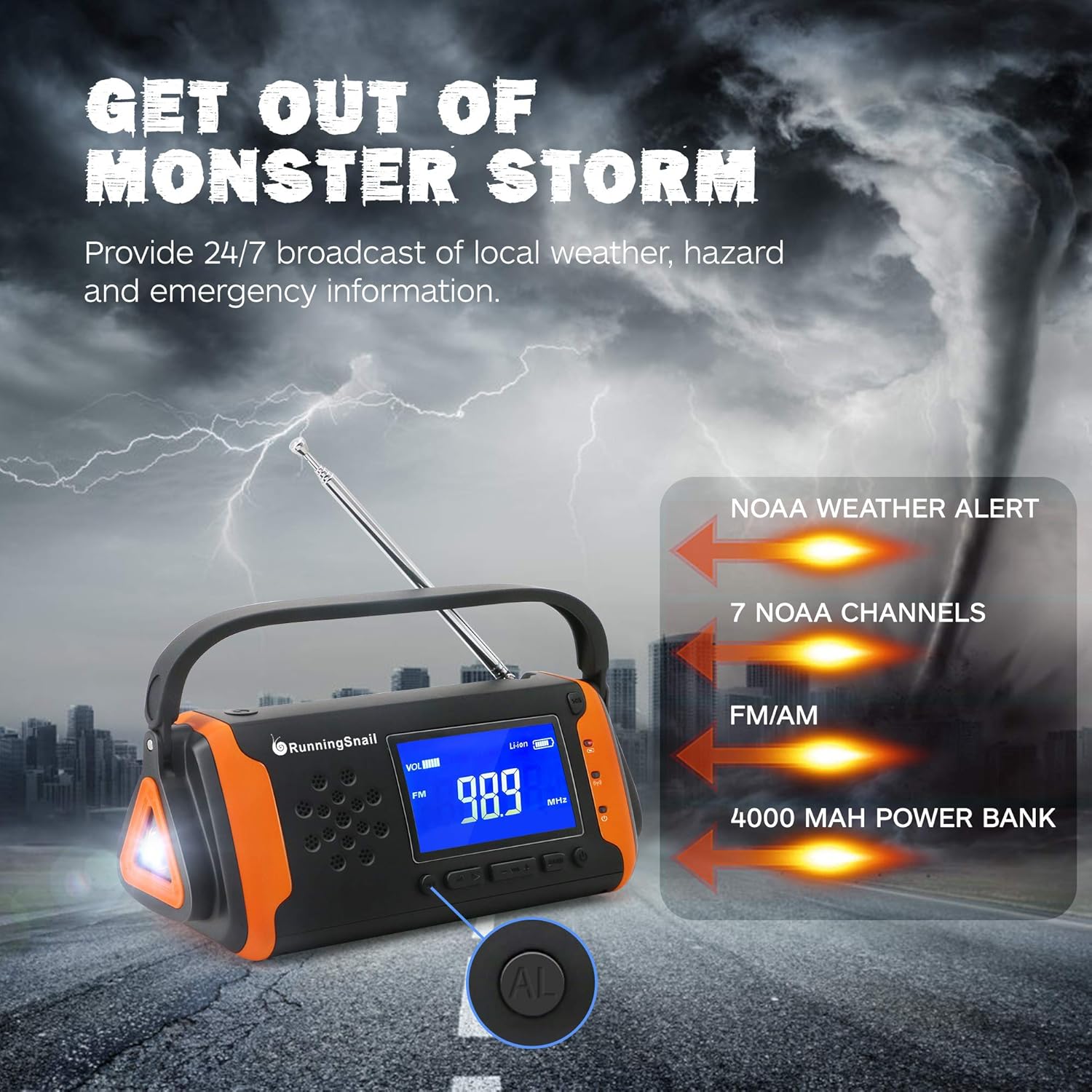 Emergency NOAA Weather Crank Solar Powered Portable Radio with 4000mAh Battery Power for Cell Phone, Bright Flashlight for Household Emergency and Outdoor Survival (097-Orange): Home Audio & Theater