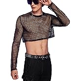 WDIRARA Men's See Through Fishnet Mesh Long Sleeve Sheer Crop Tops Party Club Top