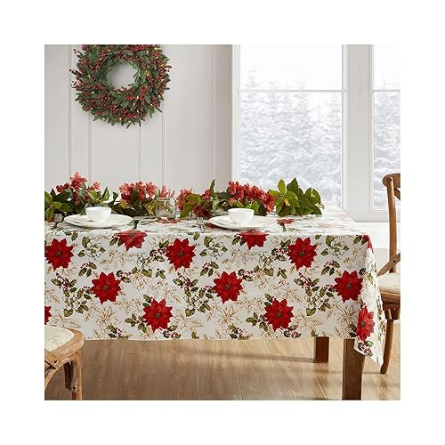 Elrene Home Fashions Christmas Poinsettia Grace Water- and Stain-Resistant Vinyl Tablecloth with Flannel Backing, 60"x120" Rectangle