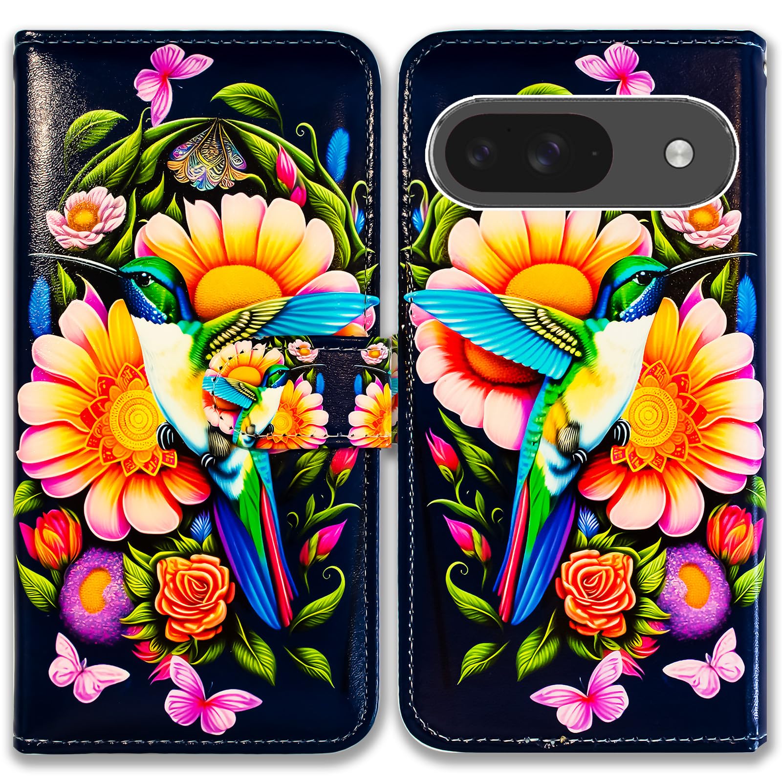 Bcov Case For Pixel 9,Hummingbird Butterfly Flowers Leather Flip Phone Case Wallet Cover with Card Slot Holder Kickstand Case For Google Pixel 9