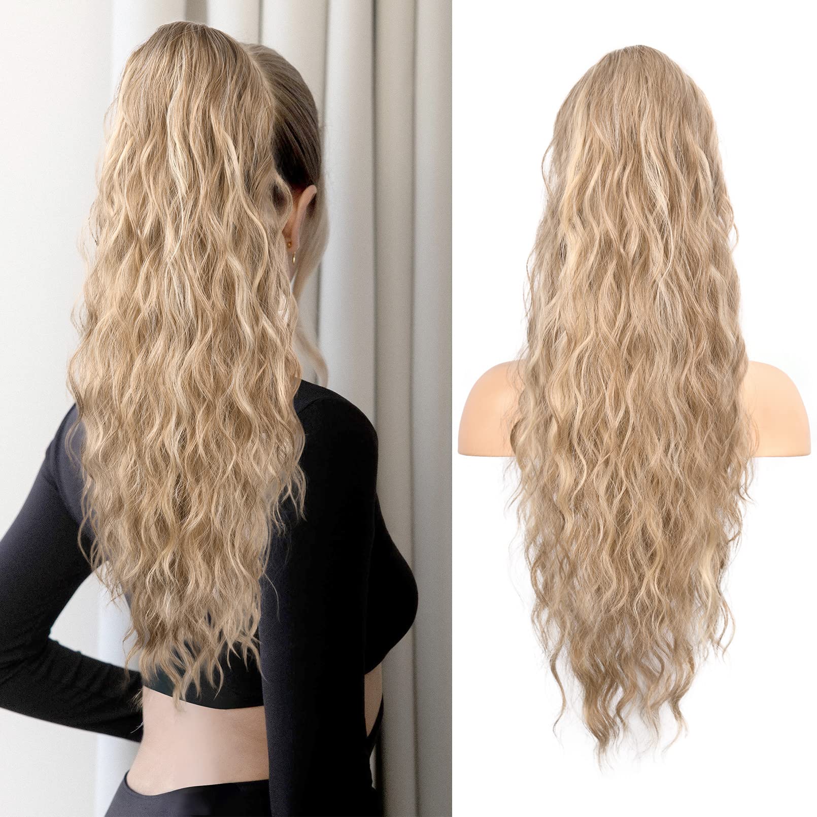 Photo 1 of Flufymooz Ponytail Extension, 26 Inch Drawstring Ponytail Hair Extensions for Women? Long Curly Wavy Pony Tail Natural Wavy Synthetic Hairpiece for Women Daily Use party (26 Inch Dark Ash Blonde)
