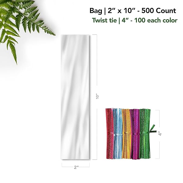 SEAL FRESH CELLOPHANE TREAT BAGS WITH 4″ HOLOGRAPHIC LASER TWIST TIES (5 COLORS) – 2″ X 10″ (500 COUNT) – CLEAR CELLOPHANE BAGS, CELLOPHANE GIFT BAGS, PARTY FAVOR BAGS, COOKIE BAGS FOR PACKAGING,