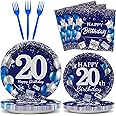 96 Pcs 20th Birthday Party Supplies Navy Blue and Silver Birthday Plates 20th Birthday Paper Tableware Happy Birthday Party Plates and Napkins Forks Blue Birthday Table Decorations for 24 Guests