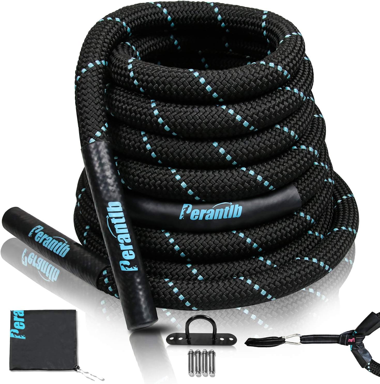 Perantlb 100% Poly Dacron Heavy Battle Rope - 1.5" Diameter, 30” 40”50”Lengths - Black Workout Rope - Gym Muscle Toning Metabolic Workout Fitness - Battle Rope Anchor Included