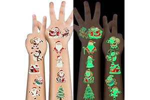 HUSKEIN 10 Sheets Luminous Christmas Tattoos for Kids, Christmas Temporary Tattoos, Bulk Stocking Stuffers for Kids, Merry Xmas Party Decorations Supplies, Xmas Goodie Bag Stuffers Candy