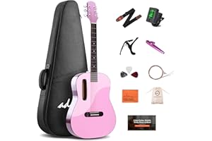ADM Acoustic Guitar Kits for Beginners Adults - 38" Steel-String Guitars Bundle with Online Lesson Wooden Bowl Guitarra Starter Set Package with Bag, Strap, Picks, Capos, Kazoo, Pink