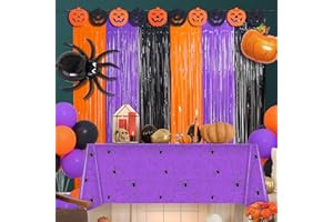 WENSEO Halloween Party Decoration, Including 2 Pack Halloween Foil Fringe Curtains, 1 Pack Halloween Spiderweb Tablecloth & 1 Pack Halloween Party Pumpkin Garland Banner, for Halloween Party Supplies Decor