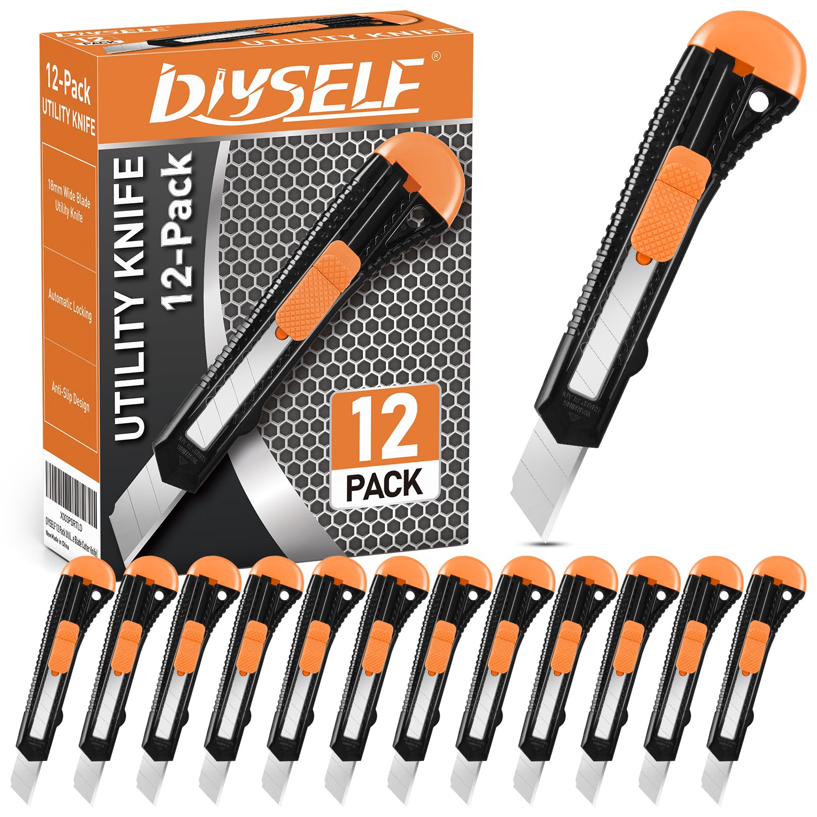 Photo 1 of DIYSELF 12-Pack Box Cutters, Disposable Utility Knife, Box Cutter Retractable for Office, Shop, Warehouse, Utility Knives with18mm Snap-Off Blades, Portable Box Opener, Razor Knife Set, Paper Knife
