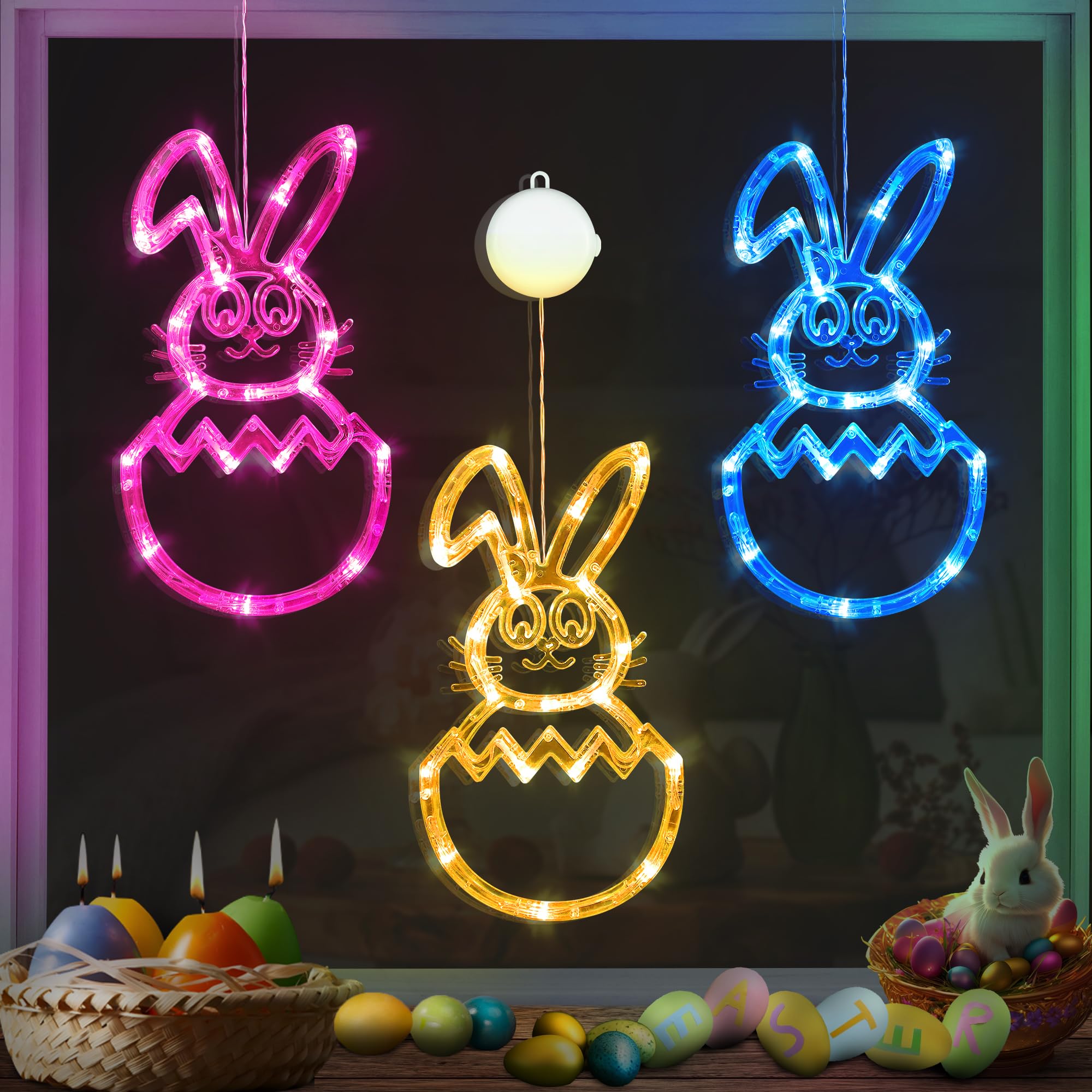 Photo 1 of Faiclrr [Timer] Easter Bunny Eggs Window Lights 3 Pack, Blue Pink Yellow Easter Lights Battery Operated with Suction Cup Hook, Hanging Cute Easter Window Decorations for Indoor Home Farmhouse Decor