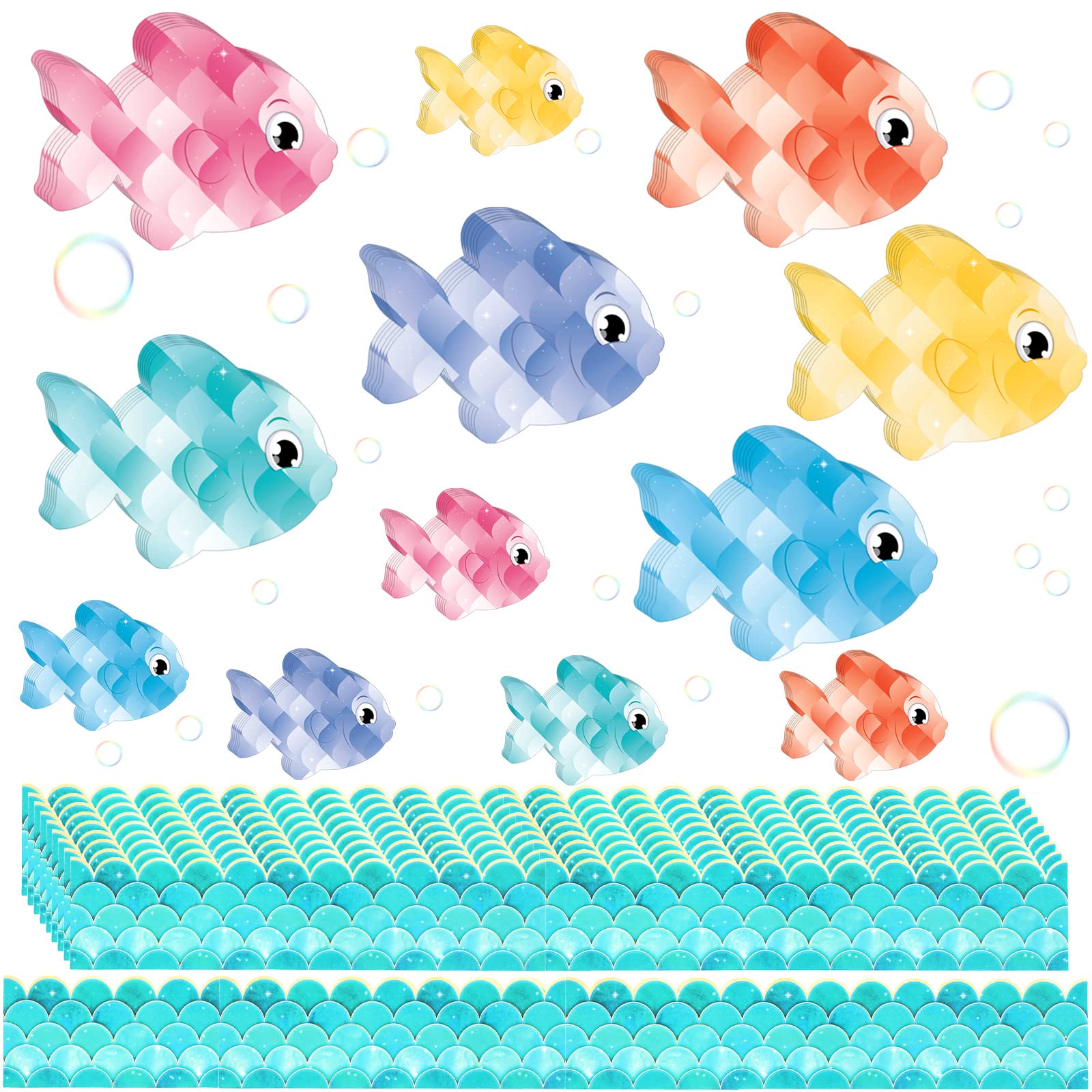 Photo 1 of Geyee 104 Pcs Fish Cutouts Bulletin Board Set 72 Pieces Colorful Accents Creative Cutouts with 36 Feet Bulletin Board Borders Early Childhood Education Materials for Classroom Bulletin Board Decor