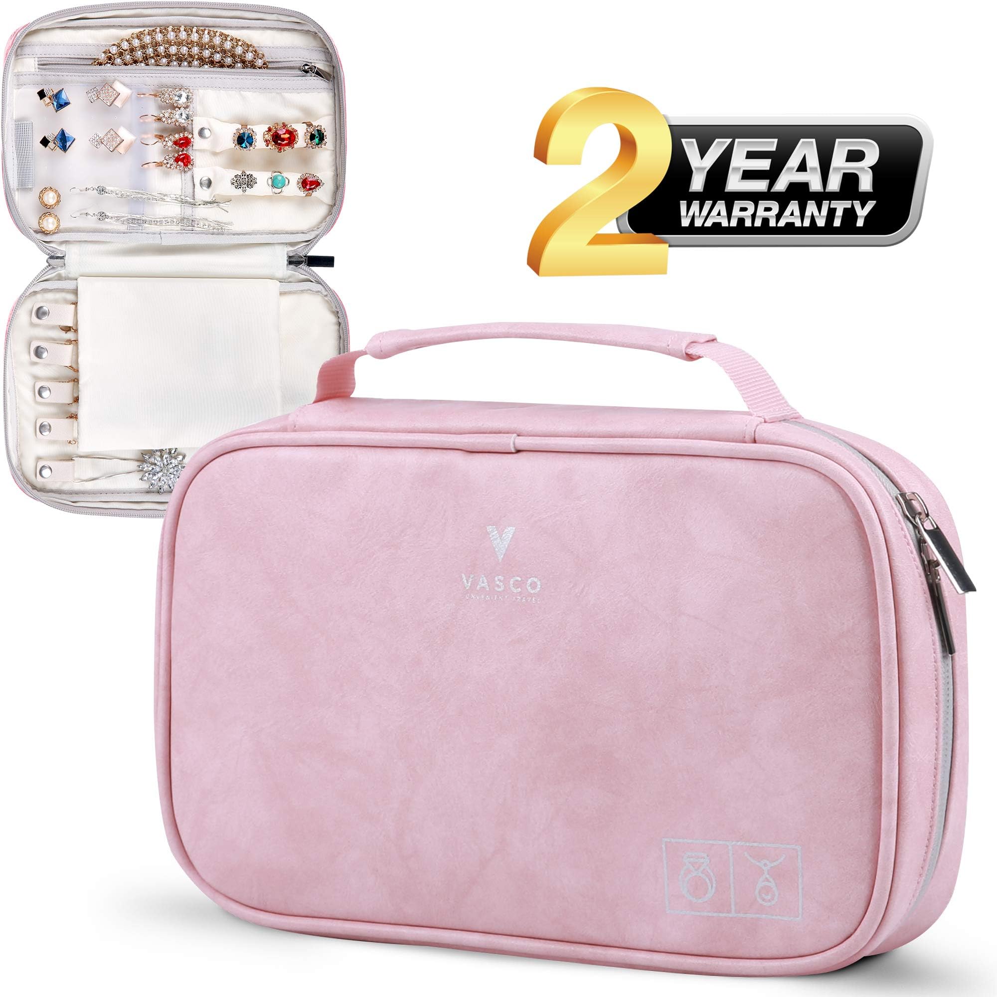 VASCO Travel Jewelry Organizer Roll - Portable Travel Jewelry Case - Compact Jewelry Bag - Jewelry Roll for Necklaces, Earrings, Rings and More - Easy to Carry Jewelry Box for Women (Eco Leather Pink)