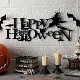 MorningRo 15.7 Inch Happy Halloween Metal Sign, Halloween Decorations | Gothic Wall Art, with with Bats and Witches Decor, Black Hanging Yard Sign, for Home Front Door Window Haunted House Outdoor