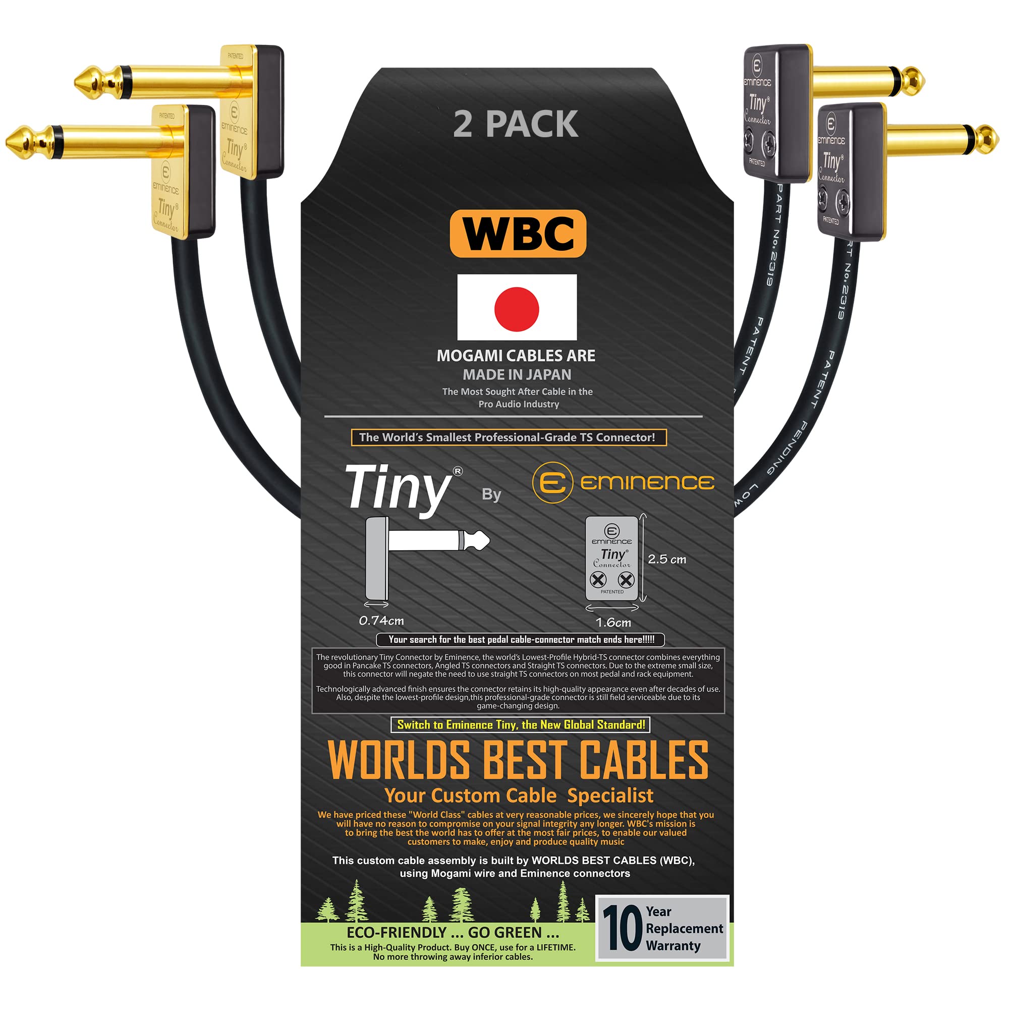 WORLDS BEST CABLES 2 Units - 25 CM - Pedal, Effects, Patch, instrument cable CUSTOM MADE made using Mogami 2319 wire & Eminence Tiny Gold Plated ¼ inch (6.35mm) R/A TS Connectors