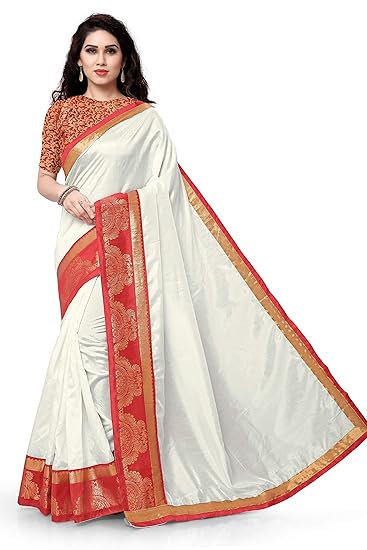Womens Silk Blend Zari Woven Peacock Pattern Lace Border Work Saree (15082-White-Free size)