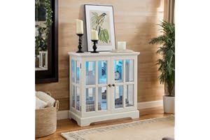 CKEASEAN 32" H LED Antique Curio Cabinet with Smartphone-Controlled, Lighted Glass Display Cabinet - Retro Lattice Door Showcase, Elegant Adjustable Shelves for Living Room (White)