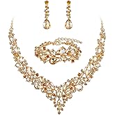 BriLove Wedding Bridal Jewelery for Women Austrian Crystal Teardrop Cluster Statement Necklace Dangle Earrings Link Bracelet Set