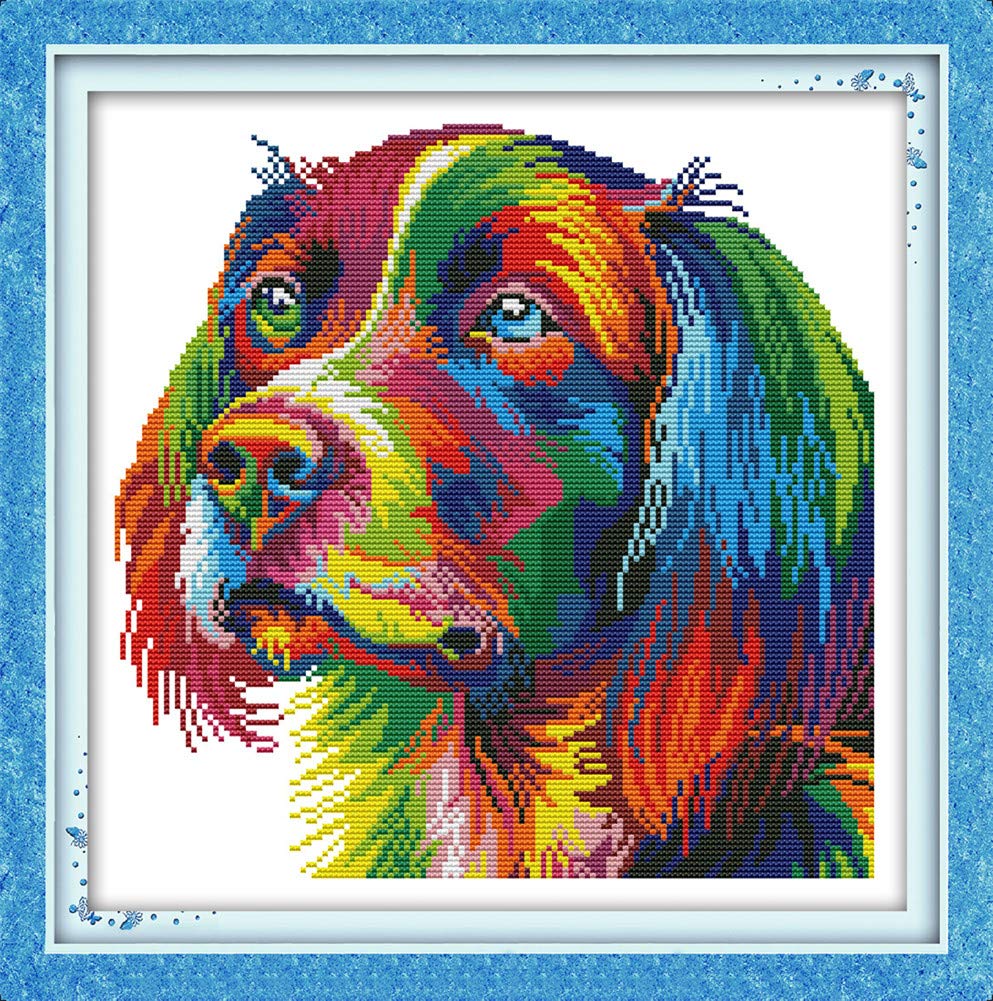 YEESAM ART Unstamped Cross Stitch Kits for Adults, Colorful Dog 14ct Counted Unprinted Embroidery Kit Needlework Wall Art Decor