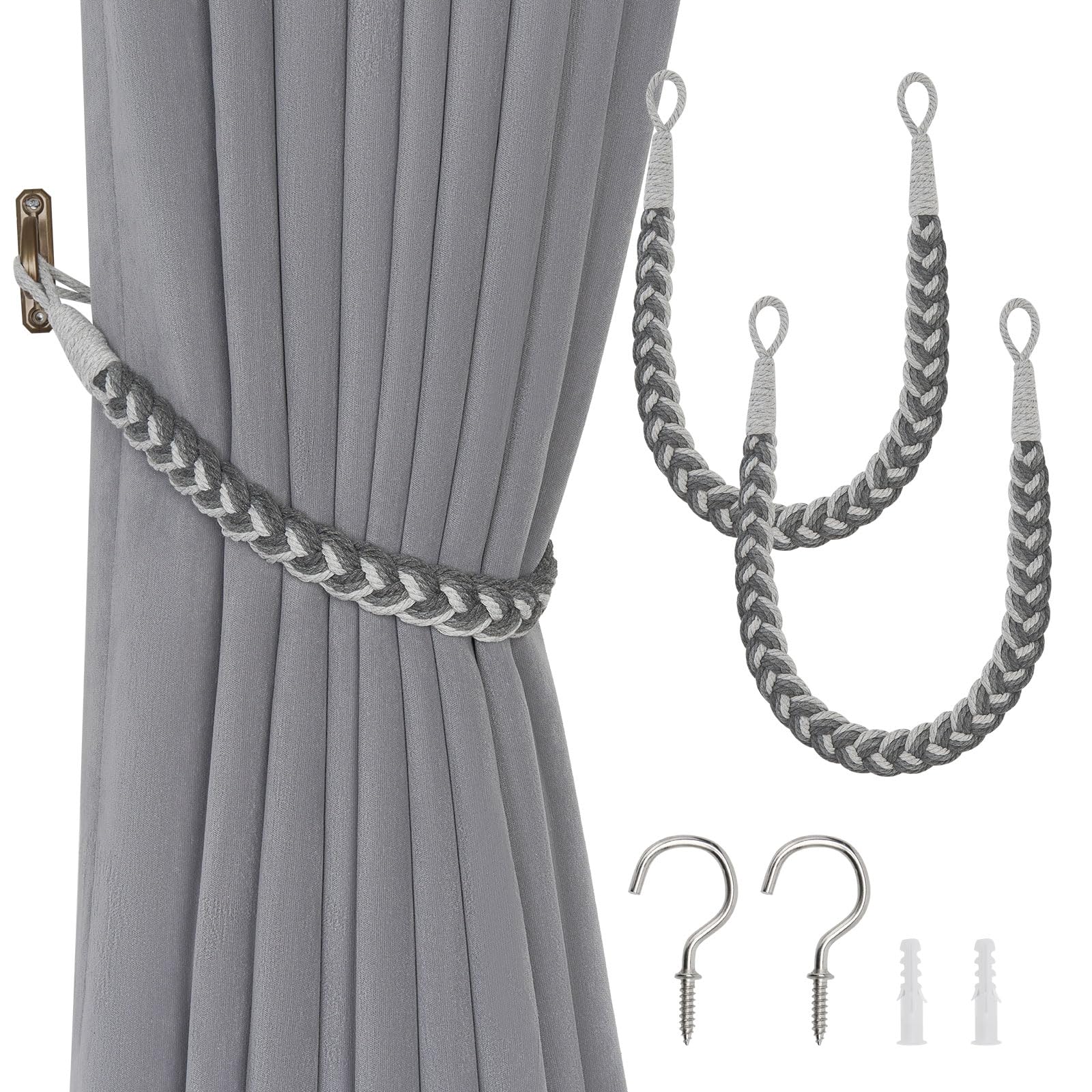 Pretty Jolly 2 Pack Natural Cotton Rope Curtain Tiebacks Elegant Boho Style Decorative Drape Tie Backs Soft Hand-Woven Rope Curtain Holdbacks with Metal Hook for Home Office Drapery (Gradient Grey)