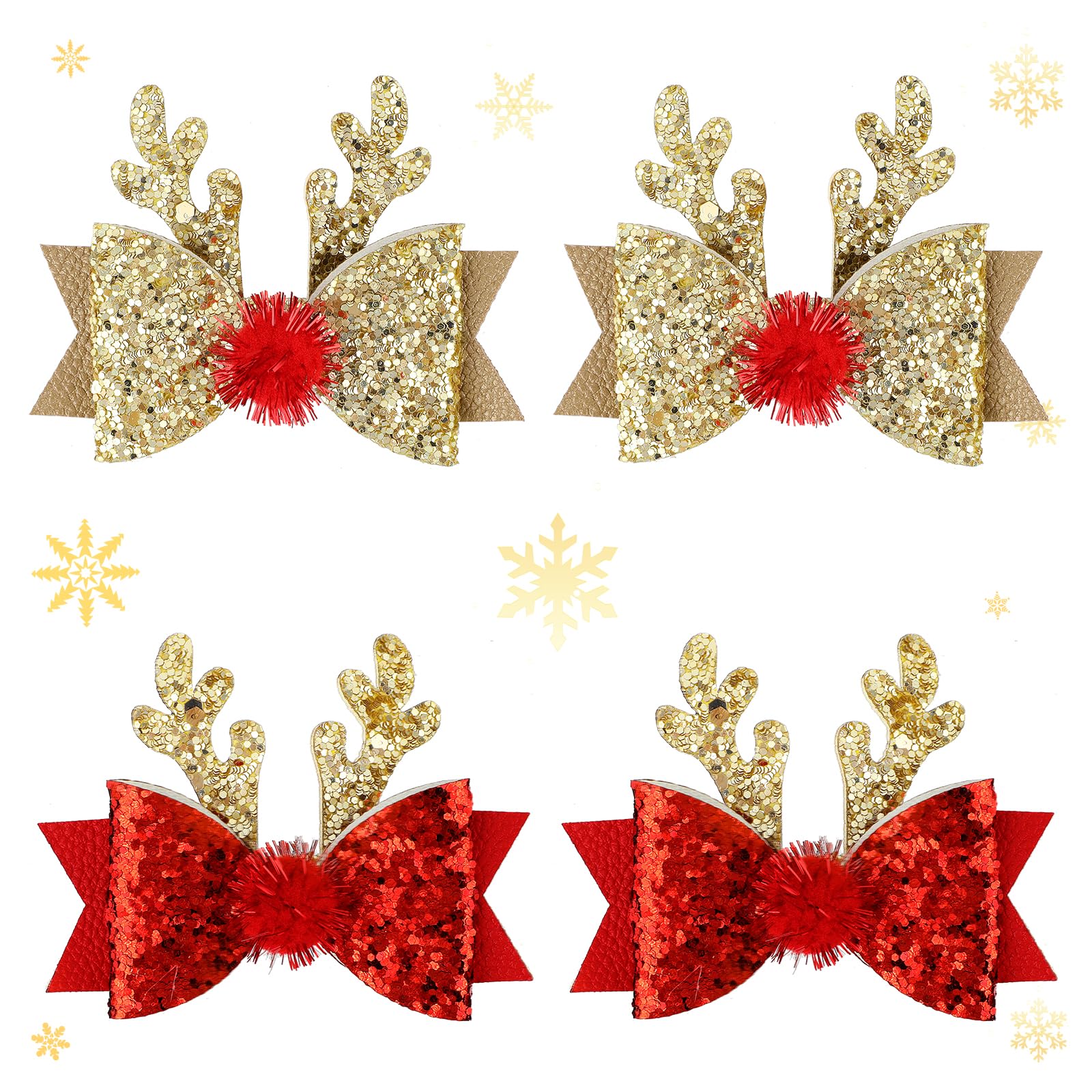 2 Pairs Christmas Hair Clip - Christmas Reindeer Antlers Headdress, Cute Bow Ties Antlers Ears Hair Pins, Christmas Party Hair Accessories for Girls Women (Gold & Red)