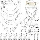 Fourluoo 60 Pcs Y2k Accessories Set Included Y2k Choker Bracelet Ring Sunglasses Hair Clips Chain Belt 2000s Accessories Set
