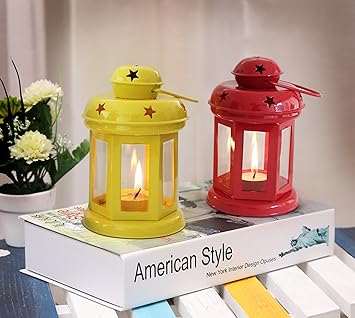 Tied Ribbons Decorative Iron Lantern With Tealight Candle Set Of 2 (Yellow And Red)
