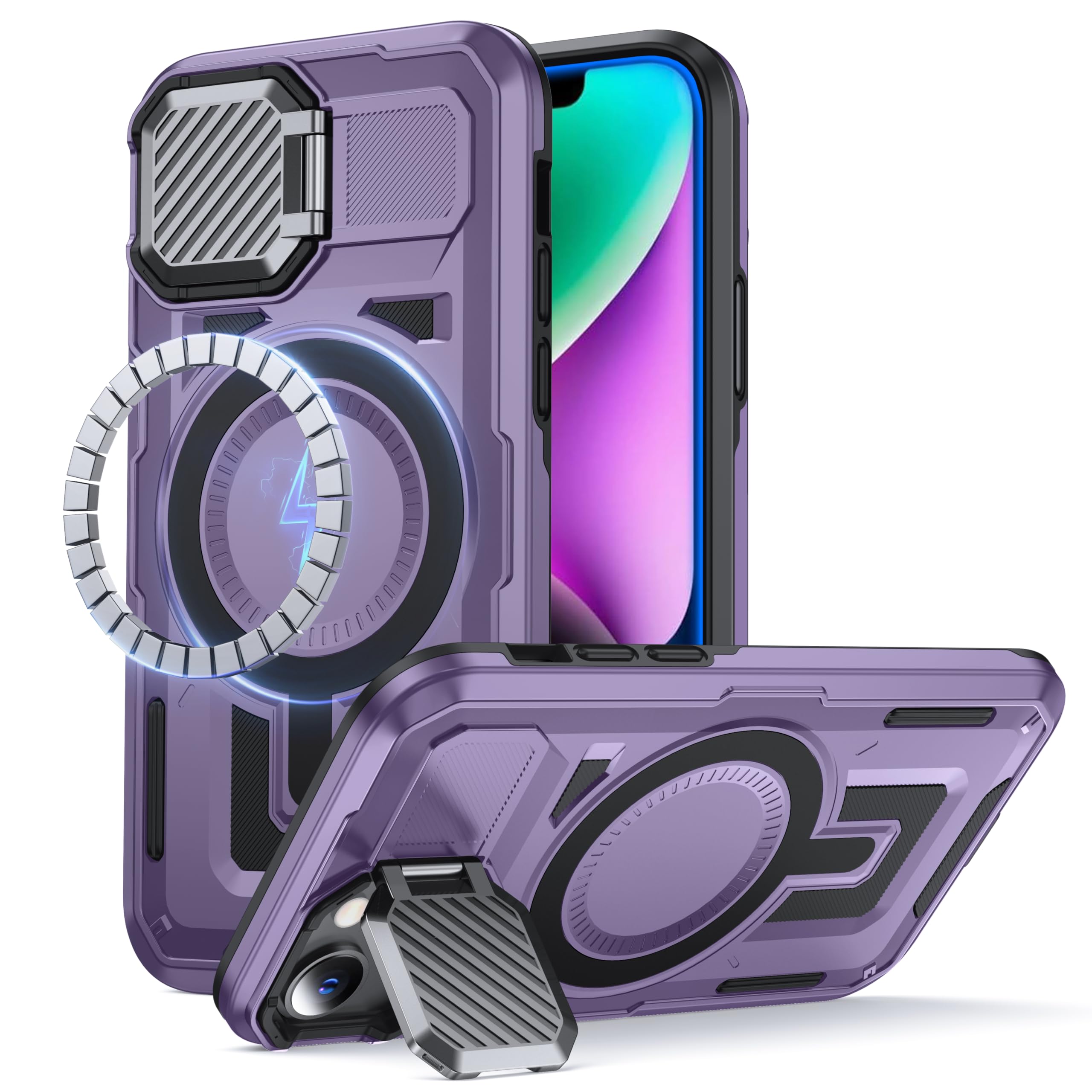 FNDMIL for iPhone 13 Case/iPhone 14 Case with MagSafe[Built-in Camera Cover Stand][Military-Grade Shockproof][Dual Layer Protection]Heavy Duty Outdoor Rugged Bumper for iPhone 13/14 Phone Case,Purple