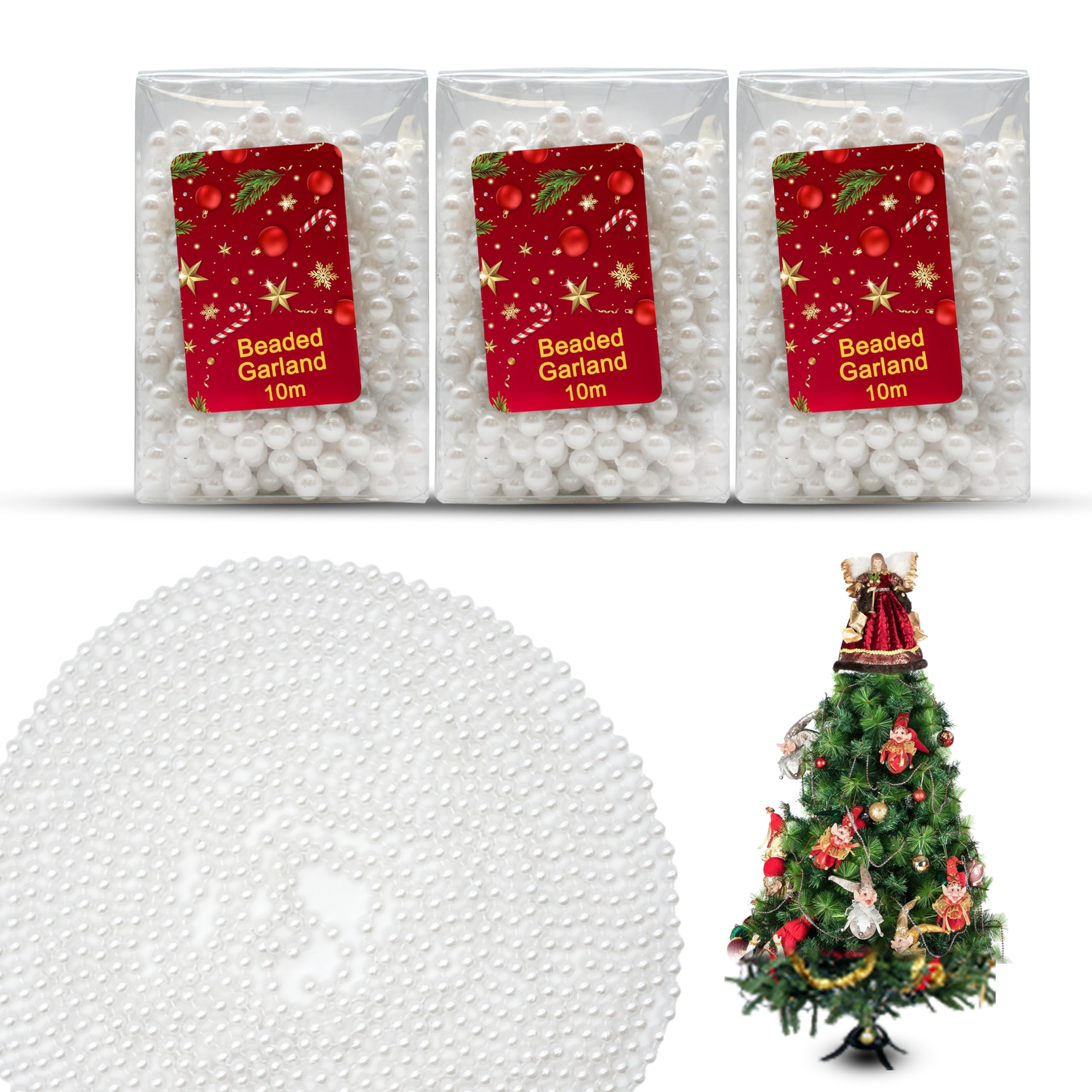3x Pearl White 10M Christmas Bead Chains, Luxury Plastic Garland for Xmas Tree Hanging Ornaments, Shiny Shatterproof Bead Garland, Home, Window, Party and Wedding Décor