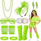 Vivrerizo Neon 80s Accessories for Women Party Halloween Cosplay Dress up | 8 Pcs Neon Retro Design Headband Wristbands Necklace Earrings Glasses Leg Warmer for 80s Themed Party Outfits Dress up