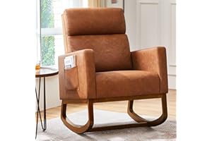 Yaheetech Leather Glider Chair, Modern Rocking Chair, Nursery Faux Leather Glider Chair with Rubber Wood Legs and Side Pocket, Rocking Accent Armchair for Living Room, Bedroom, Brown
