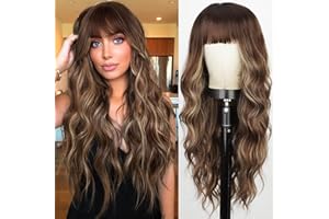Cisyia Long Brown Wigs with Bangs 26 Inches Ombre Brown Mixed Blonde Highlight Wig for Women Long Curly Wavy Synthetic Resistant Wigs for Daily Party Use