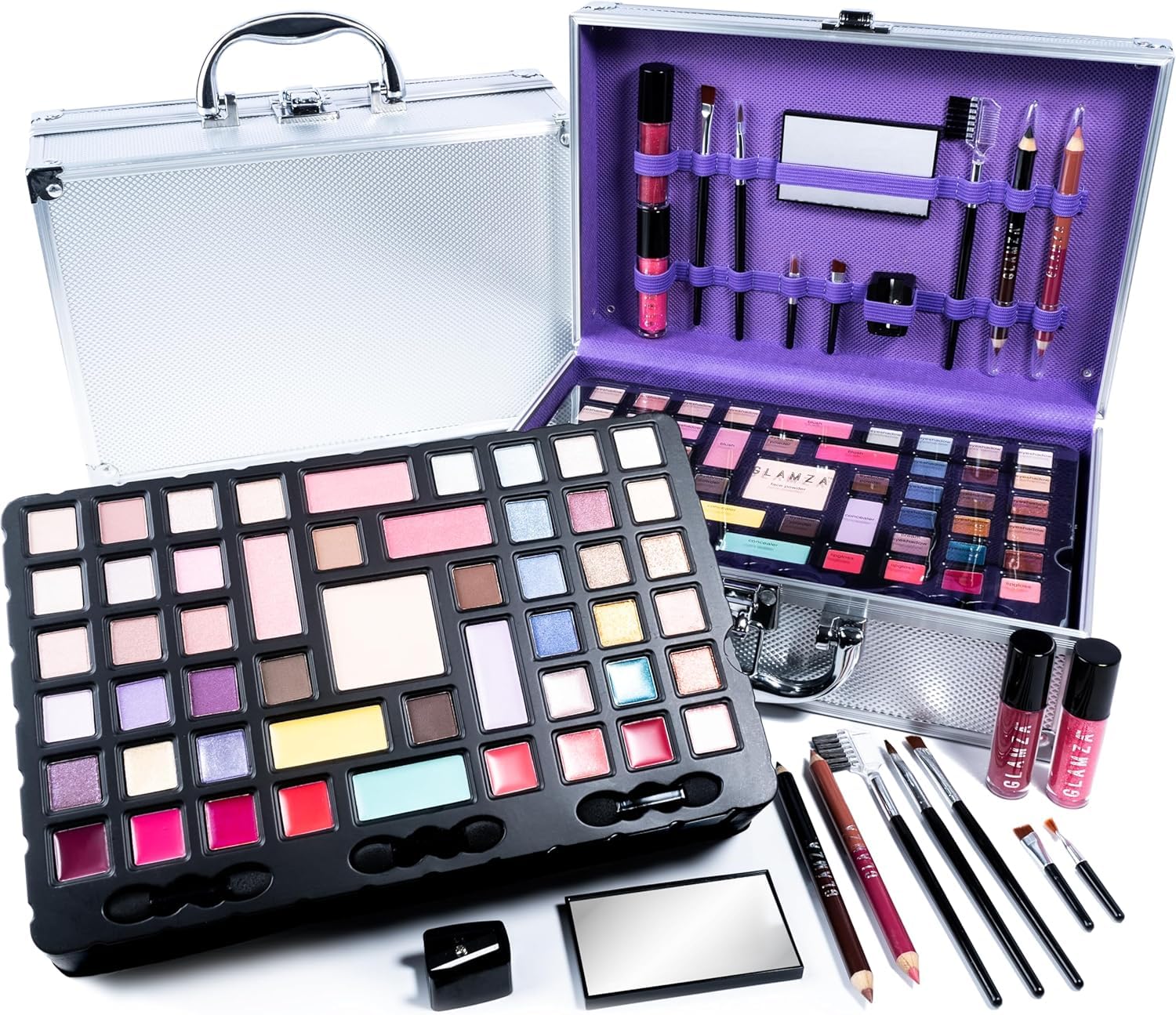 Makeup Set GLAMZA 68 Piece Vegan Makeup Set for Women & Teenage Girls - Includes Silver Aluminium Makeup Vanity Case, Eyeshadow Palettes, Lipstick, Makeup Brushes & More!