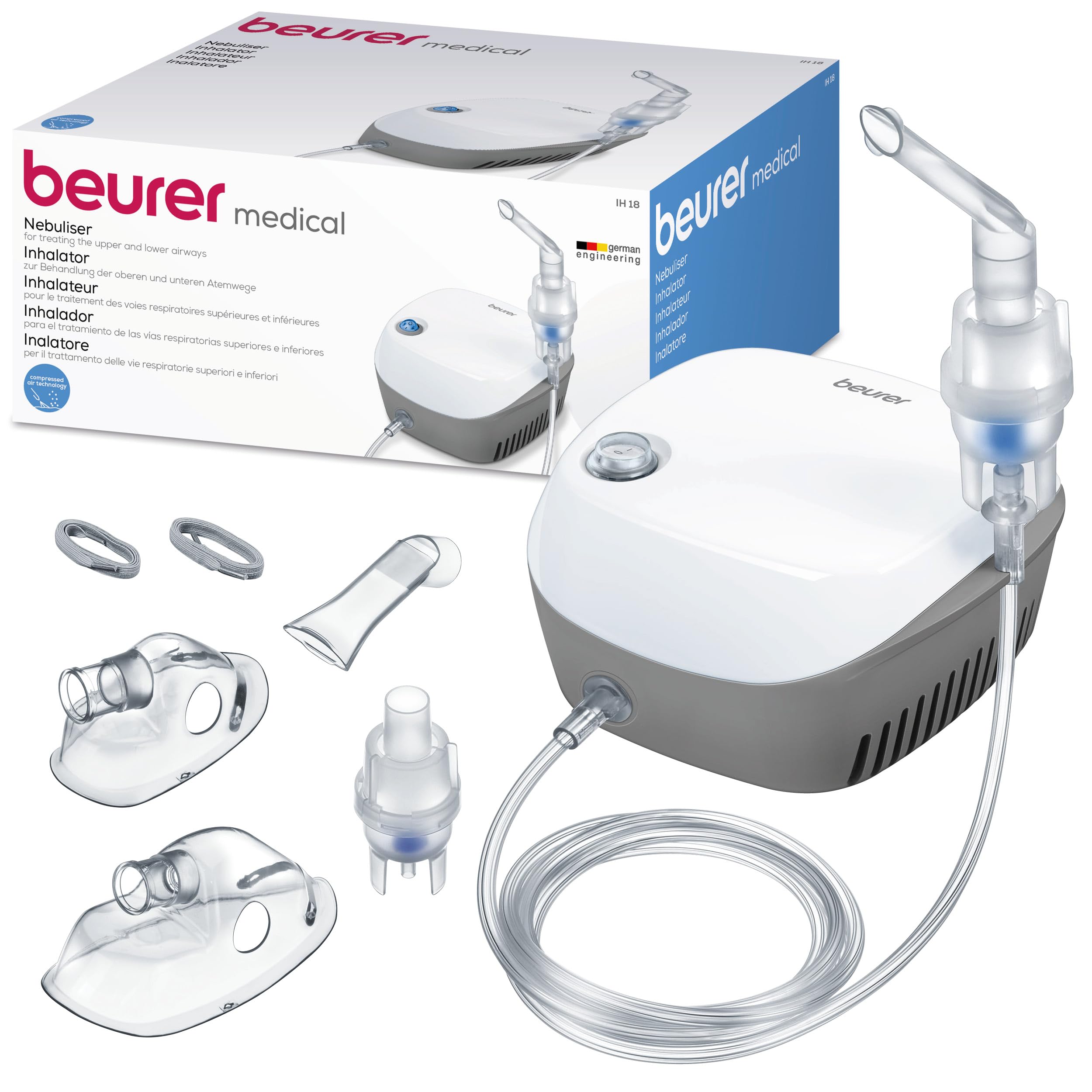 Beurer IH18 Home-Use Nebuliser, Electric Inhaler for nebulising Liquid Medication for colds, Asthma and Respiratory Diseases, Compressed Air Technology, for Adults and Children, Medical Device
