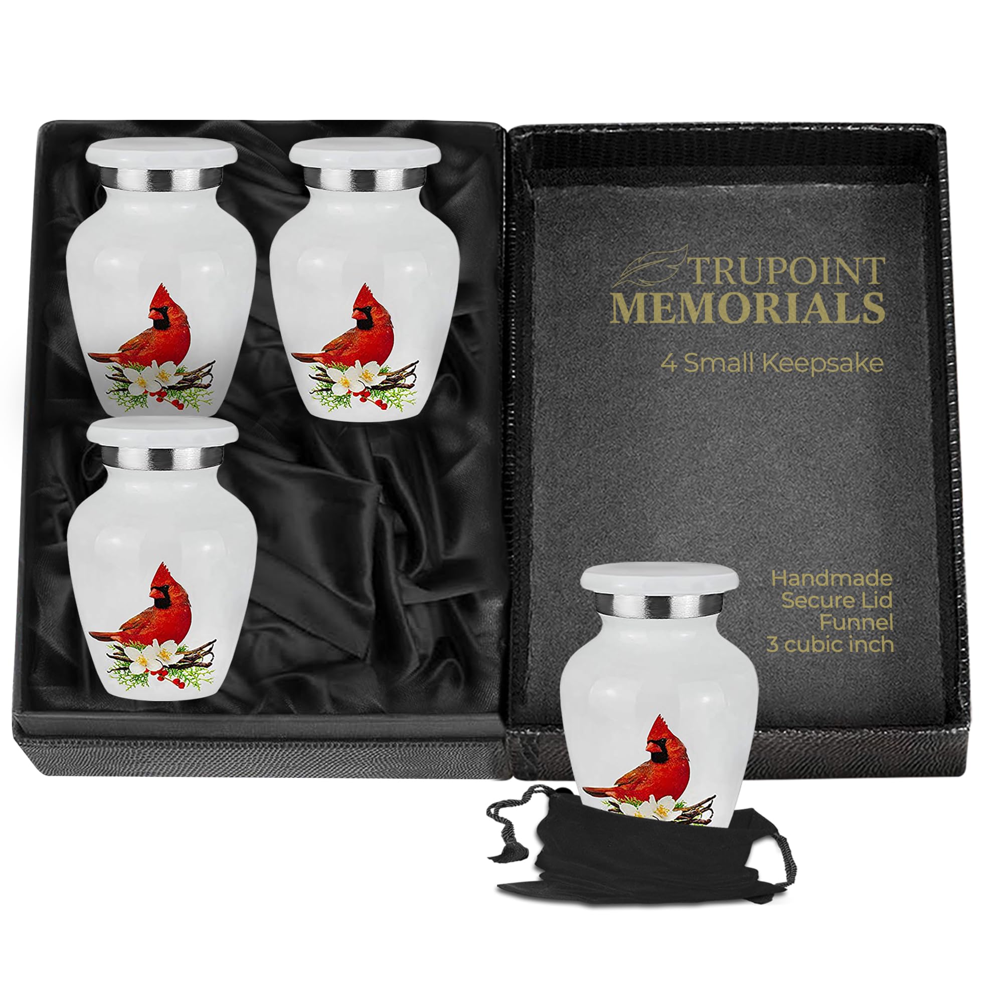 Trupoint Set of 4 Small Urns for Human Ashes Adult Male or Female - Holds 0.75 Lbs. Per Mini Urn, 2.75" x 1.75" Mini Cremation Urns, Keepsake Burial Urns with Case & Bags - Cardinal.