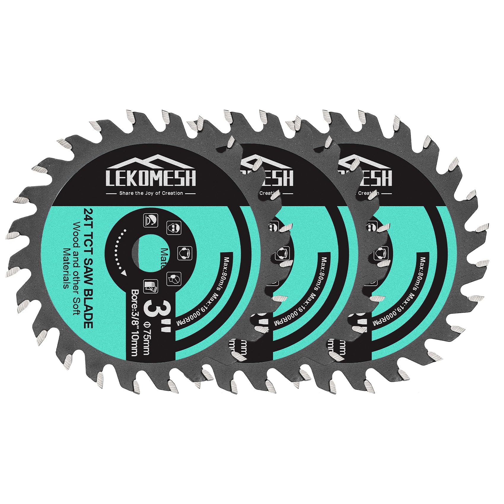LEKOMESH 3" (75mm) 24T TCT Wood Cutting Disc - 3 Pack with 3/8" Arbor, Suitable for Wood, Plastic & Composite Materials