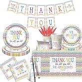 142Pcs Thank You Party Decorations We Appreciate You Plates and Napkins Set with Disposable Cups Forks Tablecloth and Banner Appreciation for Employee Teacher Doctor Parents Thanksgiving Decor