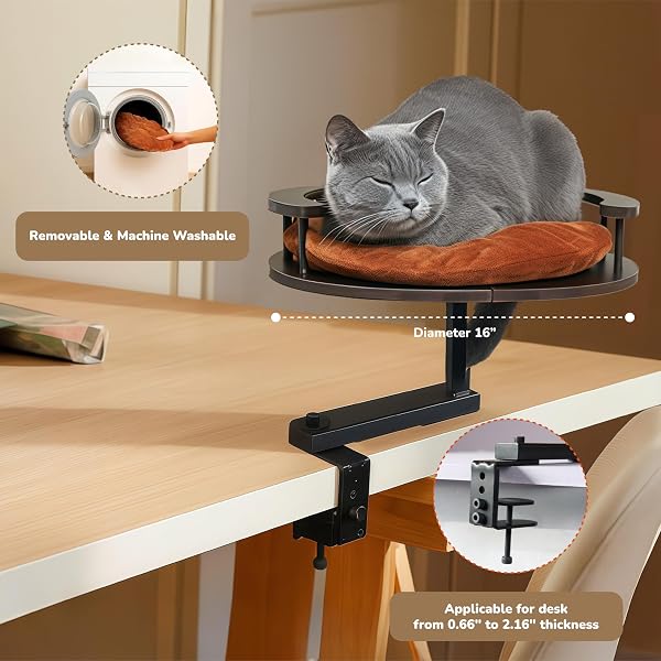 PURRHOUSE UP TO 45LBS CAT DESK BED – 360° ROTATION & ADJUSTABLE HEIGHT, PET PERCH FOR DESKS WITH WASHABLE CUSHION, DESK CAT BED ATTACHMENT FOR VARIOUS TABLES (WOOD_BROWN CUSHION)