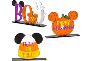 Andi Cppss 3PCS Halloween Mouse Wooden Table Centerpieces, Trick or Treat Sign Table Top Decor, Boo Sign Table Centerpiece for Halloween, Happy Halloween Mouse Pumpkin Table Topper for Party Supplies