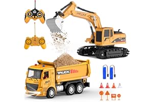 MLcnleS RC Construction Vehicles Toy Trucks for Boys 8-12 - Excavator Toy and Dump Truck with Road Barricades, Signs, 6 CH Remote Control Car for Kids Birthday Present