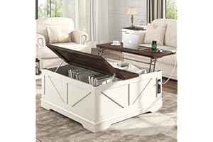 Hlivelood 40” Large Farmhouse Lift Top Coffee Table with Power Outlets and Large Hidden Storage, Square Wood Living Room Tables, Multi-Function Lift Wooden Barn Door Center Table, Rustic White